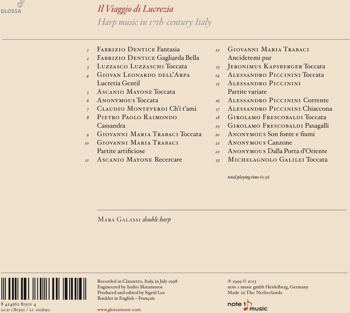 Il Viaggio Di Lucrezia Italian Harp Music, Mara Galassi CD (album