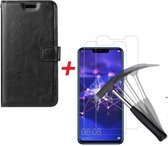 Huawei P Smart Plus (2018) Portemonnee hoesje zwart met Tempered Glas Screen protector