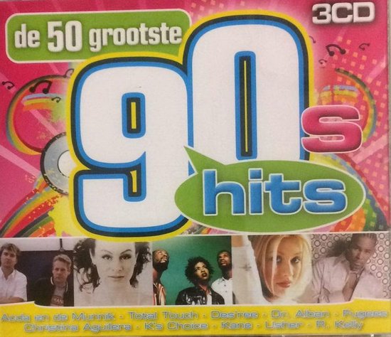 Hoes van 3CD-album 'De 50 Grootste 90's Hits' met foto's van artiesten uit de jaren 90.