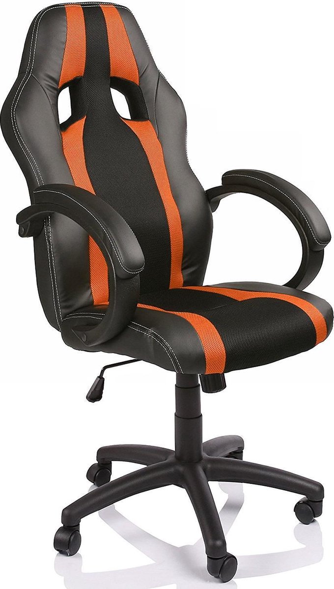 Racing bureaustoel, Zwart/Oranje gestreept, draaistoel, gevoerde armleuningen, kantelmechanisme, Lift SGS gecontroleerd
