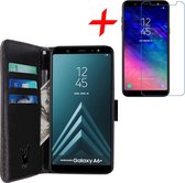 Hoesje voor Samsung Galaxy A6+ Plus (2018) Book Case met Pasjeshouder Zwart + Screenprotector Tempered Gehard Glas - Wallet van iCall