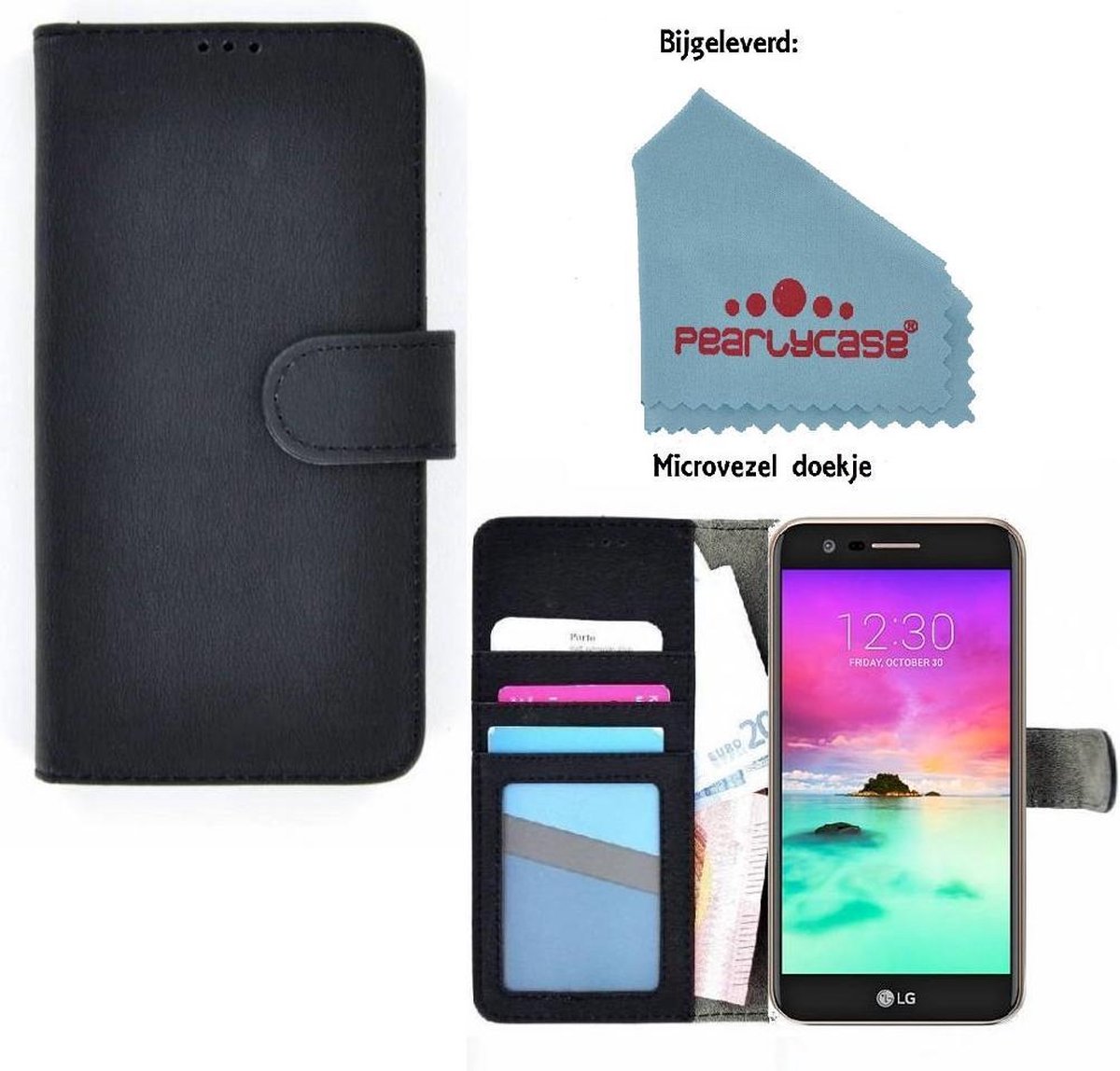 Pearlycase® Wallet Bookcase Zwart Portemonnee Hoesje Geschikt voor LG K10 2018