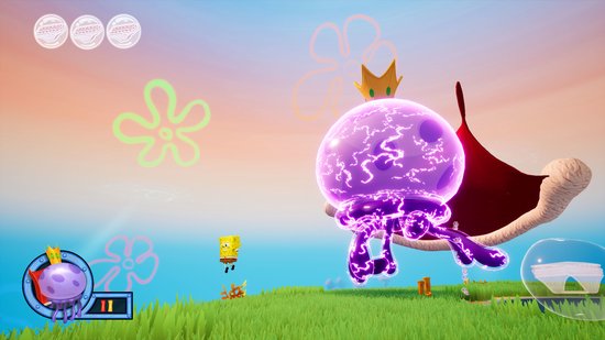 SpongeBob kijkt omhoog naar een grote paarse kwal met een kroon, omringd door bubbels en gras.