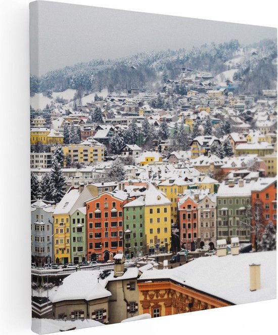 Artaza Canvas Schilderij Gekleurde Huisjes met Sneeuw in Oostenrijk - 50x50 - Foto Op Canvas - Canvas Print