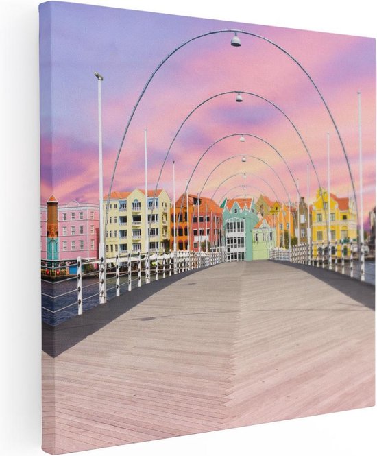 Artaza Canvas Schilderij Willemstad Gekleurde Huisjes in Curaçao  - 50x50 - Foto Op Canvas - Canvas Print