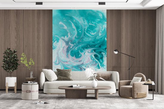 Papier peint - Papier peint photo Aquarelle - Peinture à l'huile - Turquoise - Wit - Largeur 180 cm x Hauteur 280 cm