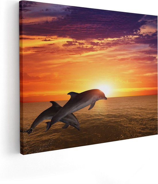 Artaza Canvas Schilderij Twee Dolfijnen bij de Zonsondergang - 100x80 - Groot - Foto Op Canvas - Canvas Print