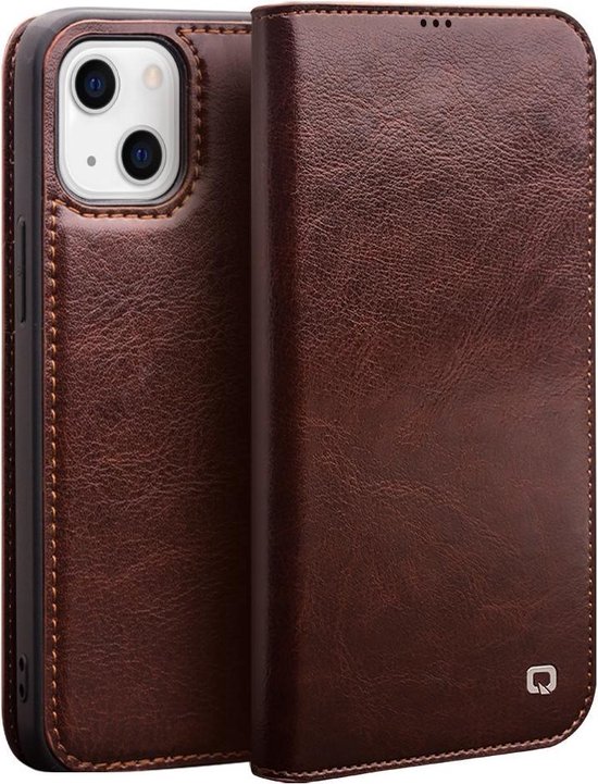Qialino lederen luxe bookcase hoes iPhone 13 Mini Bruin