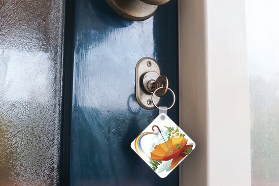 Porte-clés Rainbows illustration - Une illustration d'un parapluie orange sous un porte-clés arc-en-ciel en plastique - porte-clés carré avec photo