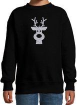 Rendier hoofd Kerstsweater - zwart met zilveren glitter bedrukking - kinderen - Kersttruien / Kerst outfit 9-11 jaar (134/146)
