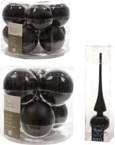 Compleet glazen kerstballen pakket zwart glans/mat 32x stuks met piek glans - 20x 6 cm - 12x 8 cm
