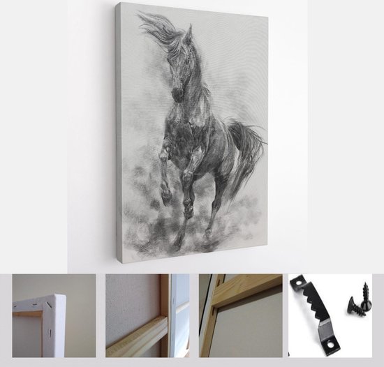 Peinture au Charbon de bois de cheval sur toile, dessin animalier, beau portrait, réaliste, émotions - toile d'art moderne - vertical - 1363068488