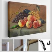 Rijpe sappige perziken en druiven op tafel, handgemaakt schilderij, olieverf op doek, beeldende kunst, stilleven, eten, vegetarisch, dessert, fruit - Modern Art Canvas - Horizontaal - 1799267