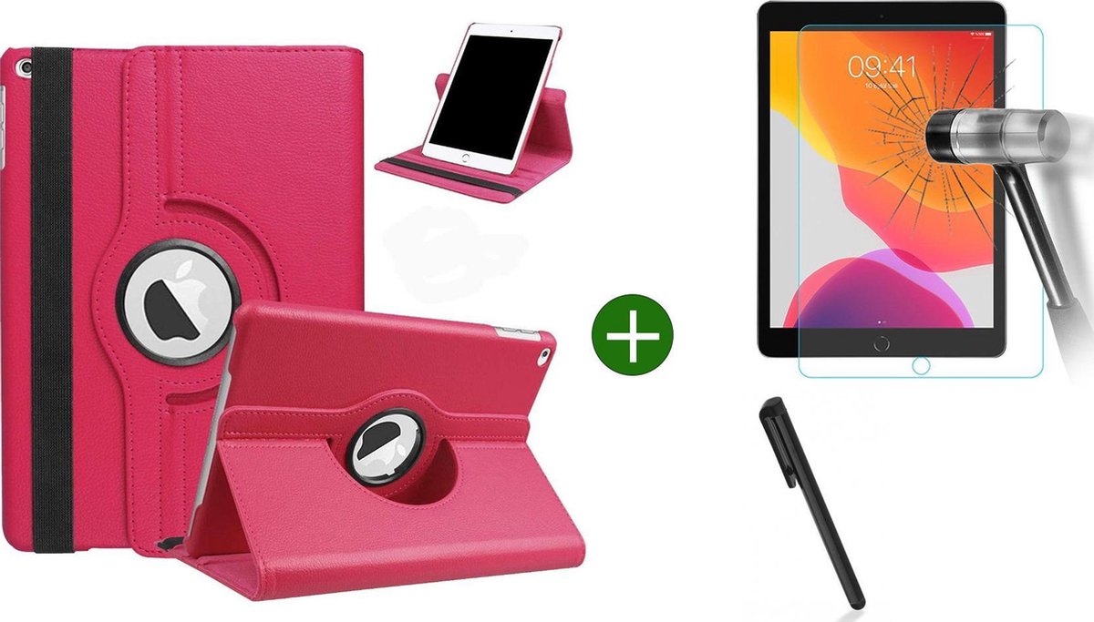 Hoes geschikt voor iPad 2021/2020/2019 (10.2 inch) draaibaar + screenprotector - tempered glass + stylus pen - Pink