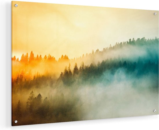Artaza Glasschilderij - Kleurrijke Zonsopgang In Het Bos Met Mist - 60x40 - Plexiglas Schilderij - Foto op Glas