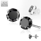 Zilveren oorbellen rond CZ steen zwart 4 mm