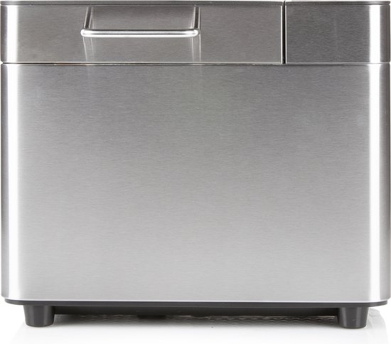 Gesloten RVS broodmachine met handvat en vier zwarte voetjes.