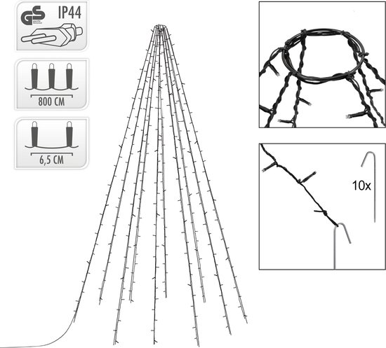 Lichtjesboom, 800cm hoog, 360 LED's, 10 strengen van 36 lampjes, inclusief grondpennen.