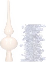Kerstversiering glazen piek glans 26 cm en sterren folieslingers pakket winter wit van 3x stuks - Kerstboomversiering