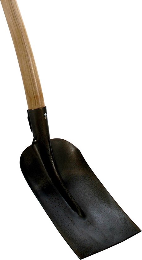 Betonschop met gehard stalen blad en gebogen houten steel.
