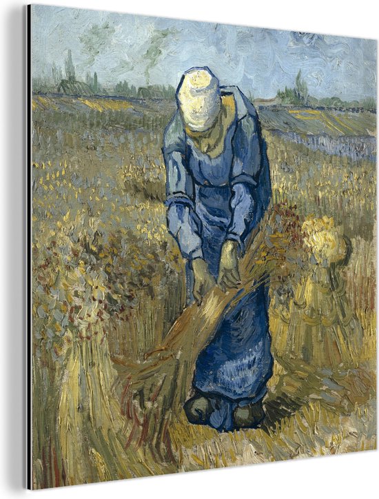 Wanddecoratie Metaal - Aluminium Schilderij Industrieel - De schovenbindster (naar Millet) - Vincent van Gogh - 90x90 cm - Dibond - Foto op aluminium - Industriële muurdecoratie - Voor de woonkamer/slaapkamer