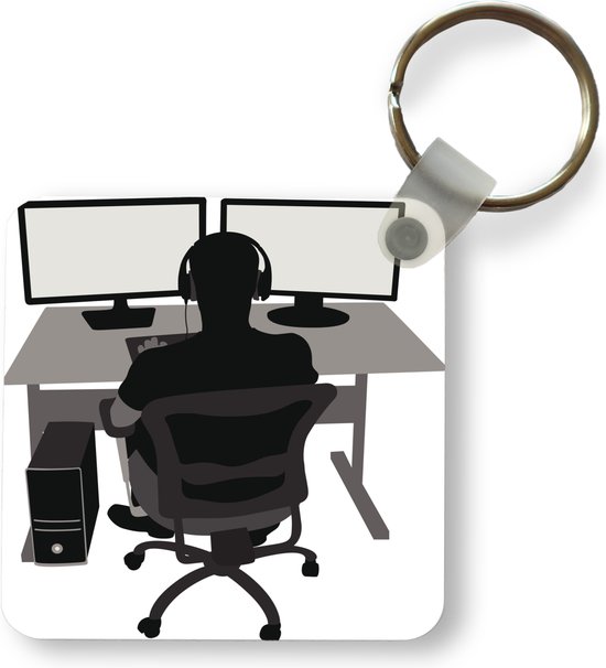 Porte-clés - Gamer - Ordinateur - Bureau - Illustration - Plastique - Rond