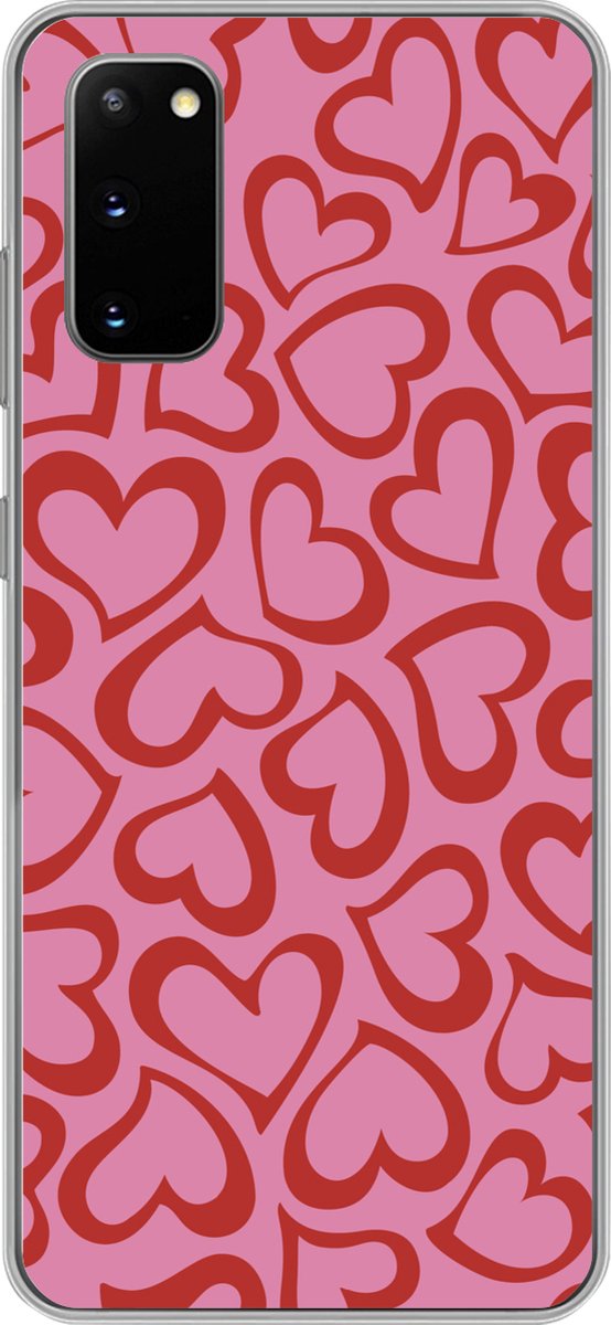 Telefoonhoesje Geschikt voor Samsung Galaxy S20 hoesje - Een illustratie van behang met rode hartjes - Siliconen Telefoonhoesje Telefoonhoesje