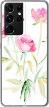 Geschikt voor Samsung Galaxy S21 Ultra hoesje - Bloemen - Waterverf - Roze - Siliconen Telefoonhoesje