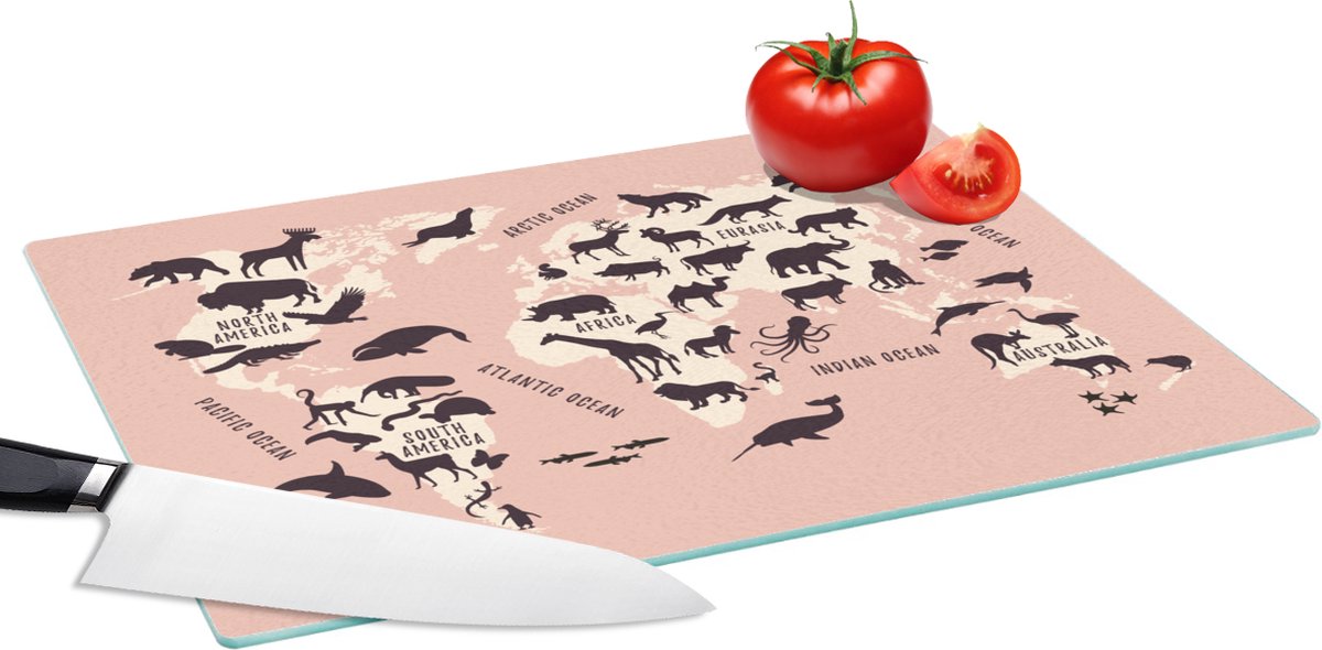 Glazen Snijplank - 39x28 - Wereldkaart - Dieren - Roze - Snijplanken Glas