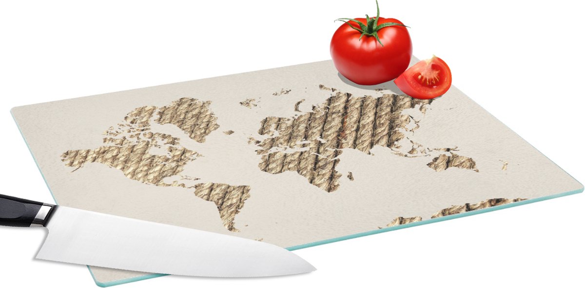 Glazen Snijplank - 39x28 - Wereldkaart - Touw - Beige - Snijplanken Glas