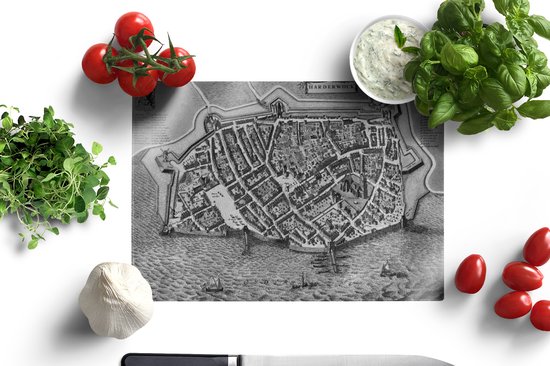 Planche à découper en Verres - Glas - Plan de la ville historique de Harderwijk néerlandais - noir et blanc - Planches à découper