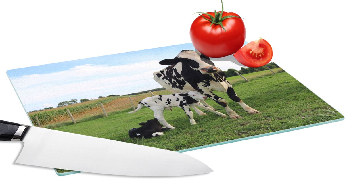 Glazen Snijplank - 28x20 - Koe - Kalf - Dieren - Gras - Snijplanken Glas