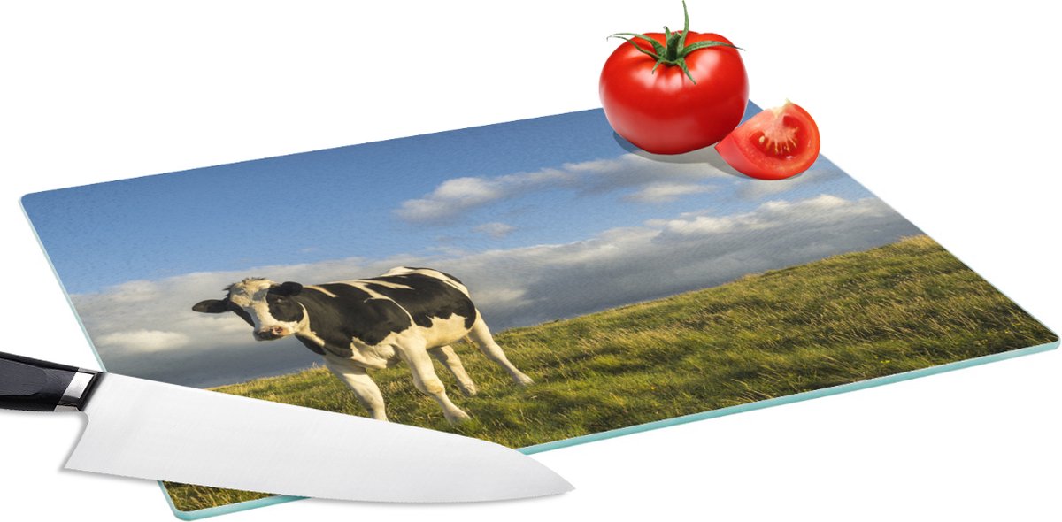 Glazen Snijplank - 39x28 - Koe - Zwart - Wit - Gras - Snijplanken Glas