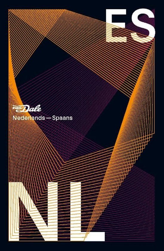 Van Dale Pocketwoordenboek Nederlands-Spaans. Donker voorpand met geometrische lijnen in oranje en paars. Grote letters 'NL' en 'ES'.