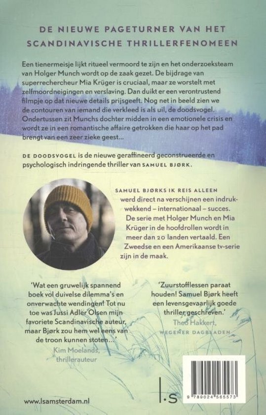 Boekcover 'De doodsvogel' met tekst, een afbeelding van een man met gele muts en een barcode.