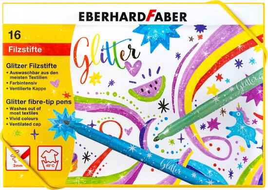 Eberhard Faber viltstiften - Glitter - doos 16 kleuren - uitwasbaar - EF-551016