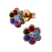 Zilveren oorbellen | Oorstekers | Rose gold plated oorstekers, bloem met gekleurde kristallen