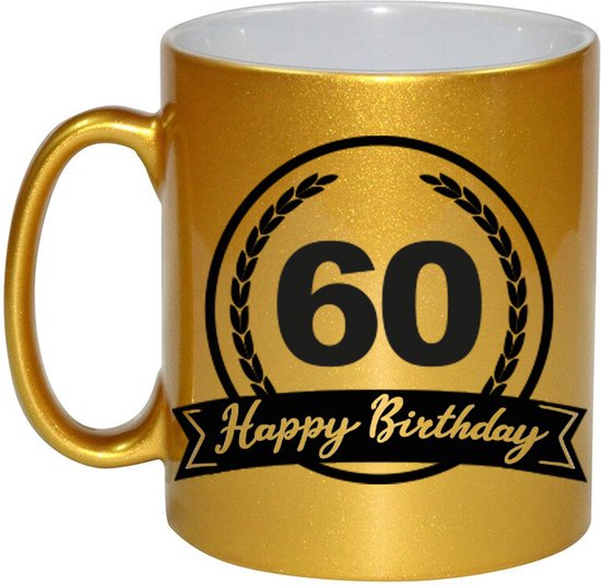 Foto: Gouden happy birthday 60 years cadeau mok beker met wimpel 330 ml keramiek verjaardags koffiemok theebeker