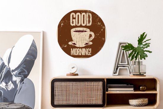 WallCircle - Muurstickers - Behangcirkel - Koffie - Good morning! - Retro - Spreuken - Quotes - 80x80 cm - Muurcirkel - Zelfklevend - Ronde Behangsticker