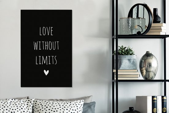 Tableau sur toile Citation anglaise Amour sans limites avec un coeur fond noir - 60x90 cm - Décoration murale