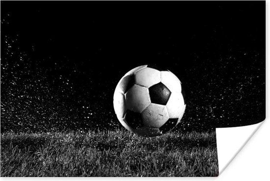 Poster Voetbal in het gras - zwart wit