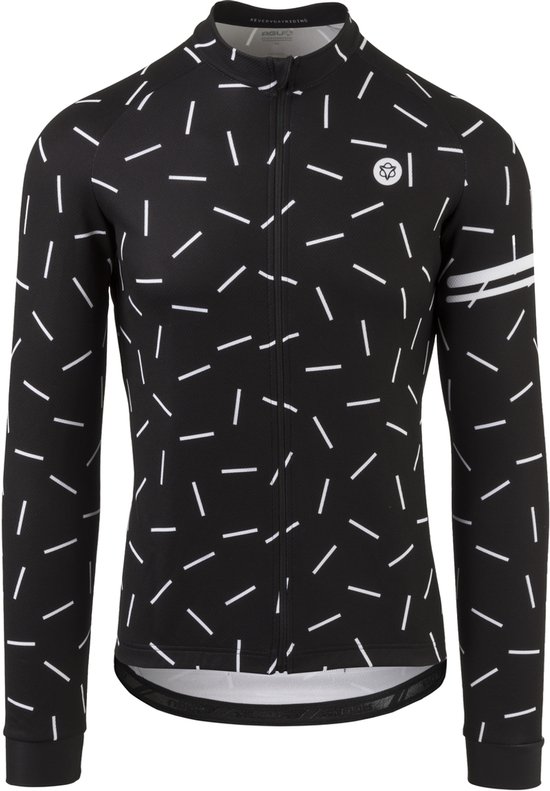 Zwart fietsshirt met lange mouwen en een ritssluiting, bedrukt met witte streepjes. Een logo op de linkerborst en witte strepen op de linkermouw.