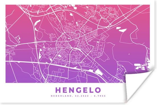 Poster Stadskaart - Hengelo - Paars - 180x120 cm XXL - Plattegrond
