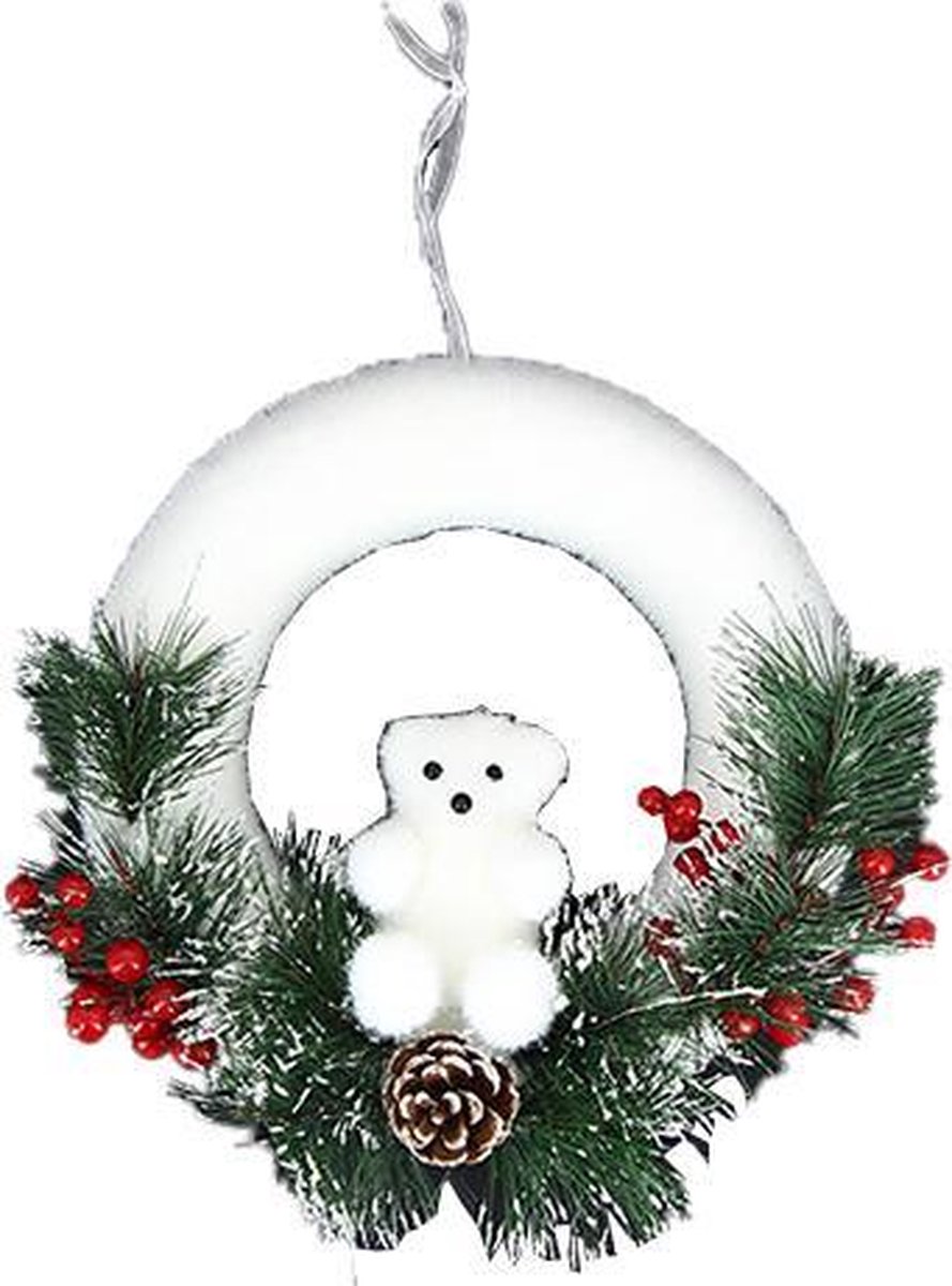 White Christmas Krans Polar Bear 27cm - Plastic - wit - rood - groen - bruin - SILUMEN