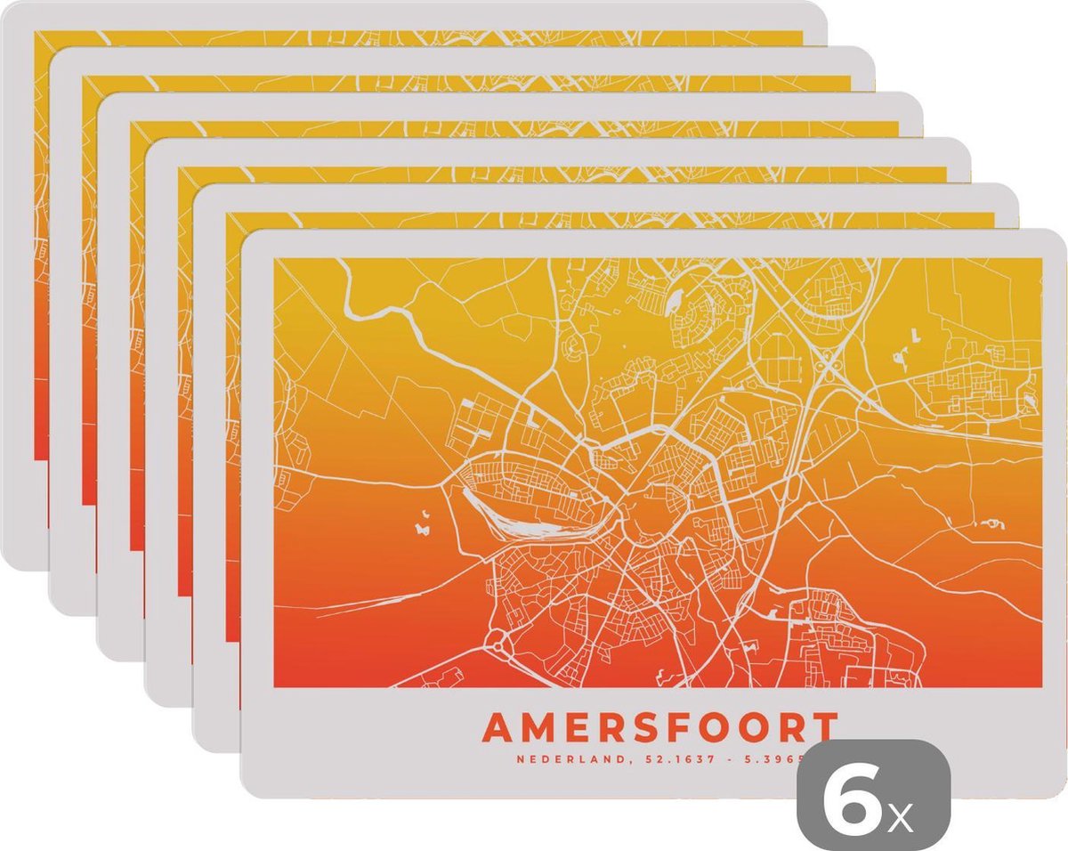 Placemat - Placemats kunststof - Stadskaart - Amersfoort - Geel - Oranje - 45x30 cm - 6 stuks - Hittebestendig - Anti-Slip - Onderlegger - Afneembaar