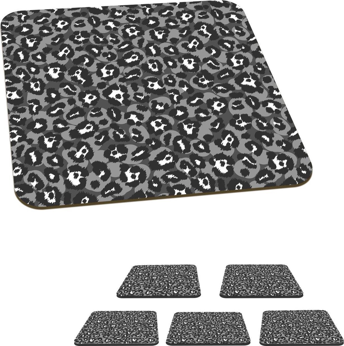 Onderzetters voor glazen - Panterprint op grijs - 10x10 cm - Glasonderzetters - 6 stuks