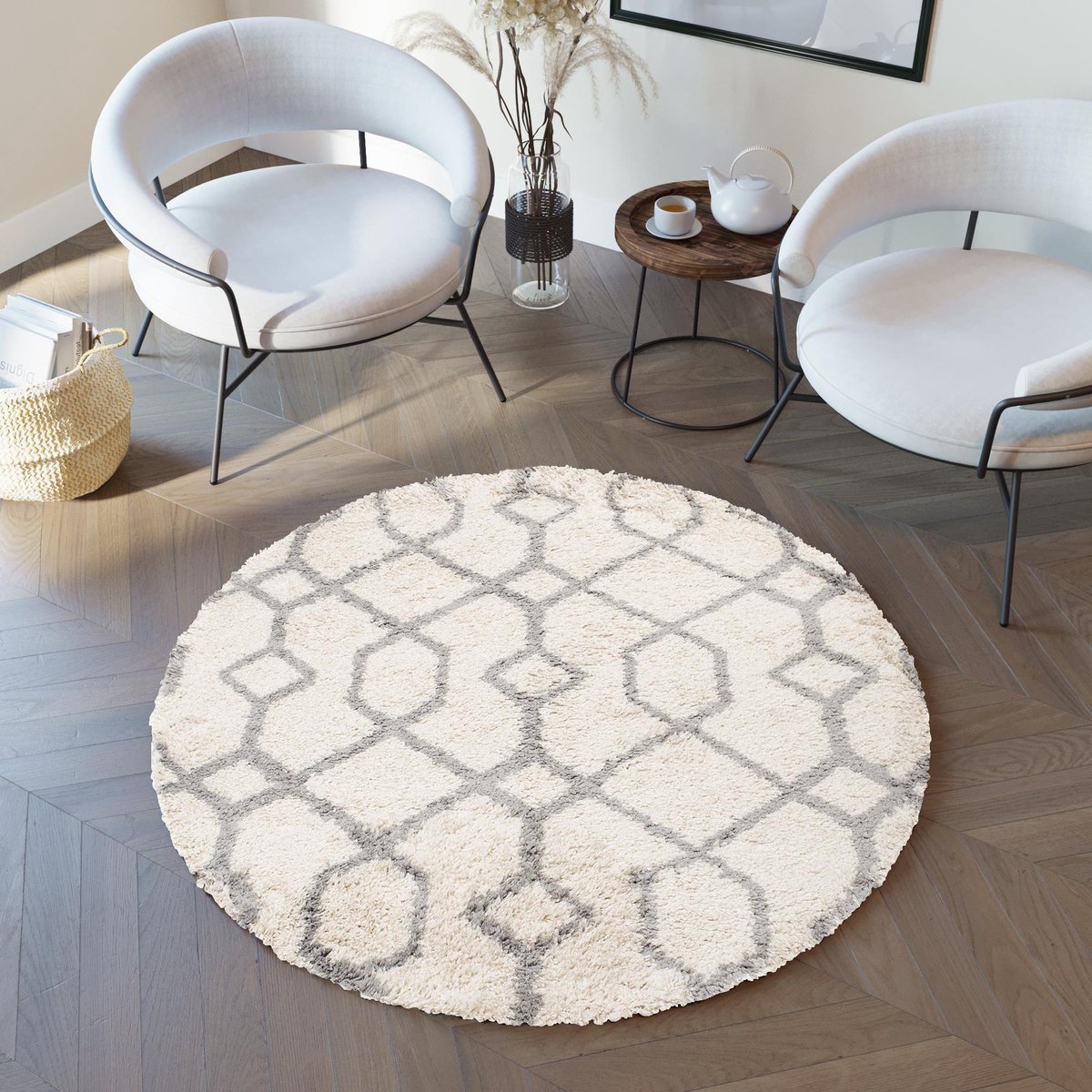 Tapiso Boho Vloerkleed Rond Beige Grijs Shaggy Bohemian Aztec Duurzaam Slaapkamer Woonkamer Hal