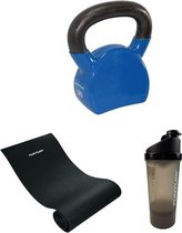 Tunturi - Fitness Set - Kettlebell 12 kg - Fitnessmat 160 x 60 x 0,7 cm - Shakebeker