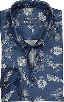 Ledub Modern Fit overhemd - donkerblauw met beige dessin (contrast) - Strijkvriendelijk - Boordmaat: 40
