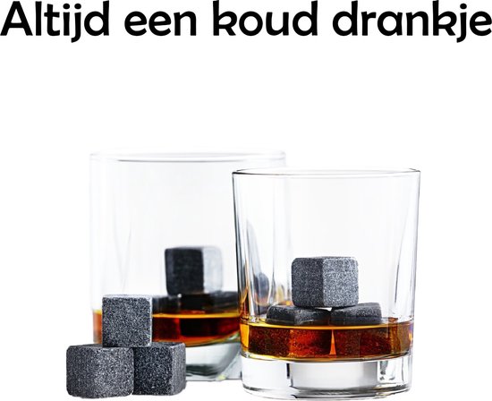 Whiskey Stones cadeauset van 8 herbruikbare koelende whiskyrotsen met ijsklem wijnflesschenker & opbergzakje, koeling van uw favoriete drank zonder verdunning, heren, dames, vader, getuige cadeau